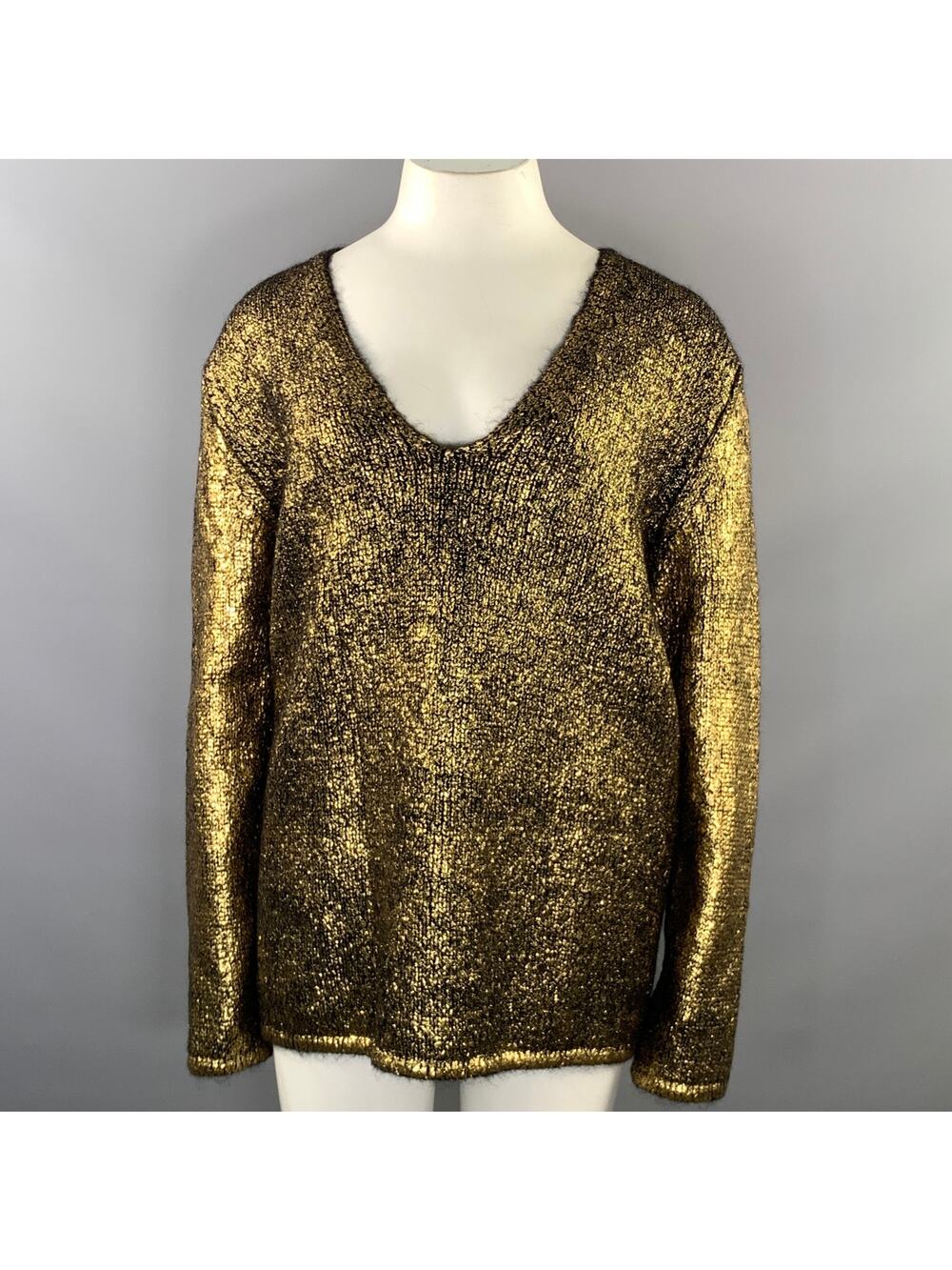 TOM FORD Size M Gold Black Mohair Blend Metallic V Neck Sweater Womens